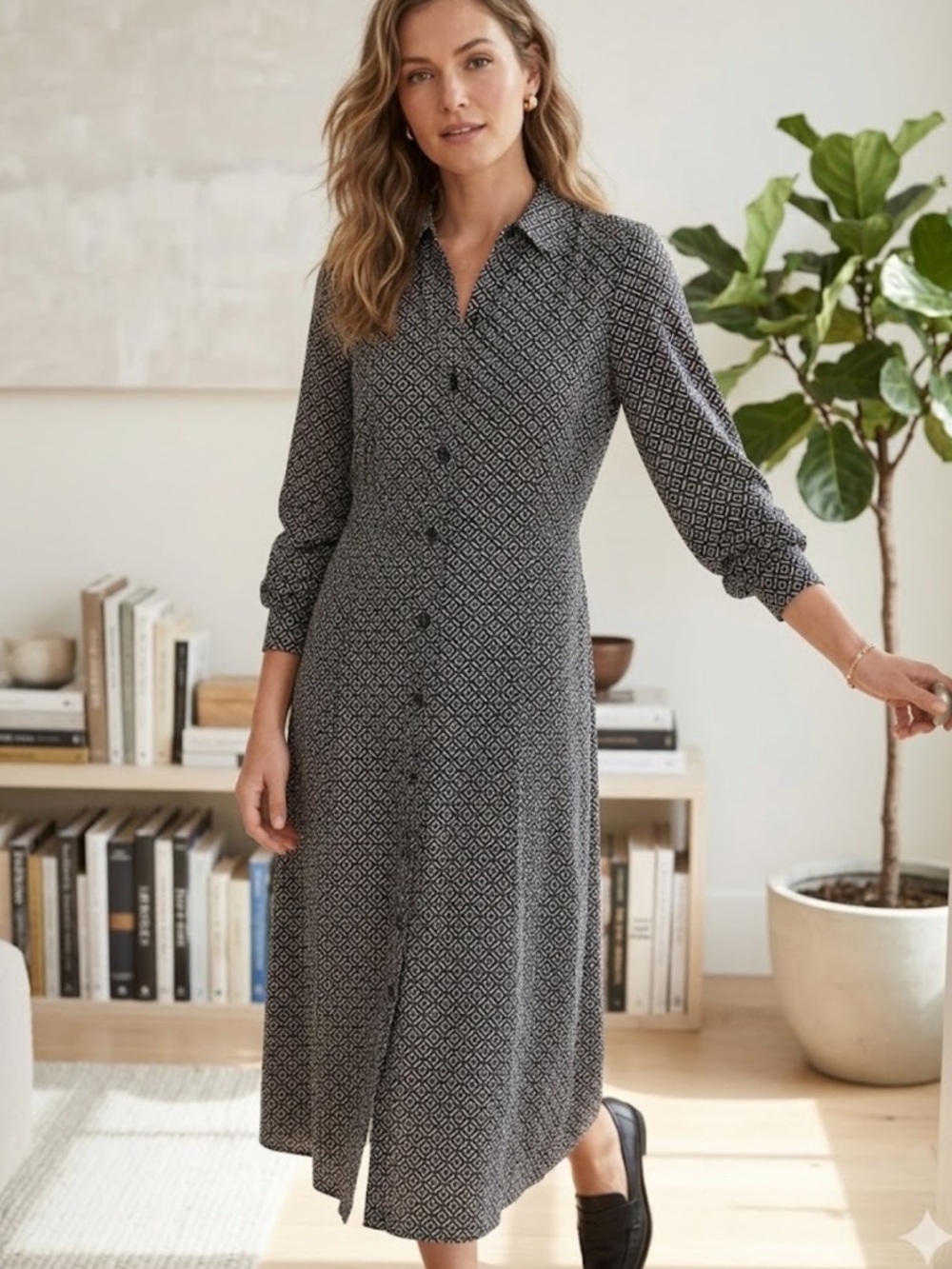 Michael Kors Black and White Long Sleeve Button-Front Maxi Dress
